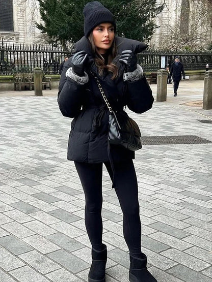 Fashion Lace Up Baumwolle Mantel Frauen Feste Revers Casual Langarm Tasche Lose Warme Kurze Mäntel Dame Winter Neue Straße Oberbekleidung