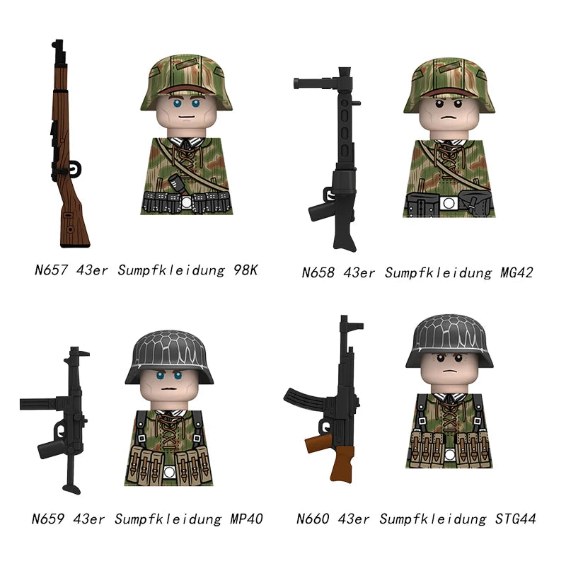 Military WWII Figure Building Blocks Accessories MP40 Rocket Launcher MG42 Officer Army Camouflage Soldier Pzf 98K Toy Gift N029.