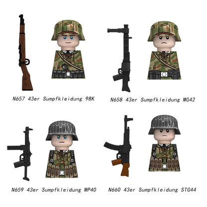 Military WWII Figure Building Blocks Accessories MP40 Rocket Launcher MG42 Officer Army Camouflage Soldier Pzf 98K Toy Gift N029.