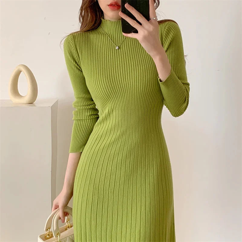 Herbst Winter schlankes Langarm Party Midi Kleid für Frauen gestrickt halbhohen Kragen elegante Strick pullover Kleider Damen.