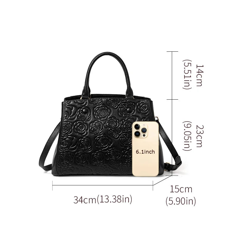 Leather handbag high sense handbag top layer leather rose pattern slung shoulder bag.
