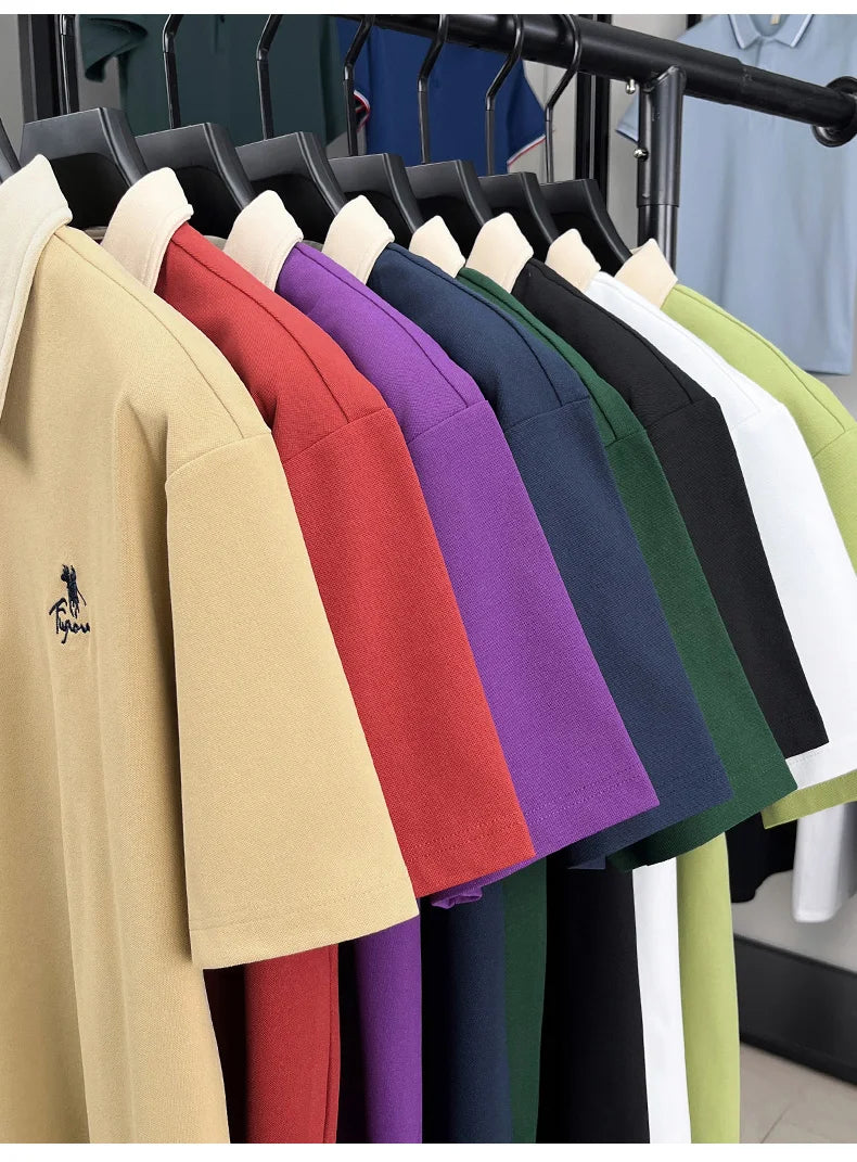 Luxury brand short sleeve polo shirt men's fashion Pony embroidered summer trendy breathable casual color blocked lapel T-shirt.