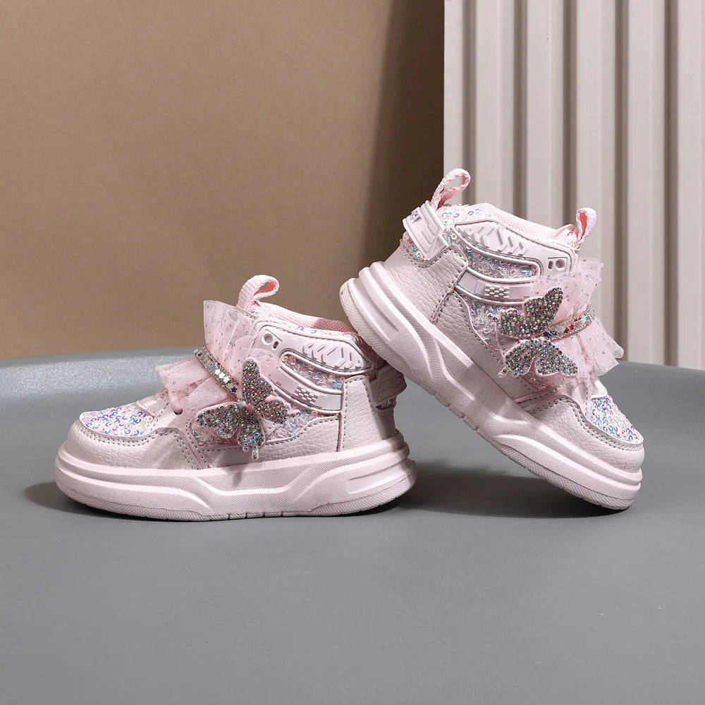 2025 New Autumn Children Shoes Leather Toddler Kids Sport Shoes Bling Bling Cute Butterfly Soft Sole Fashion Girls Sneakers.