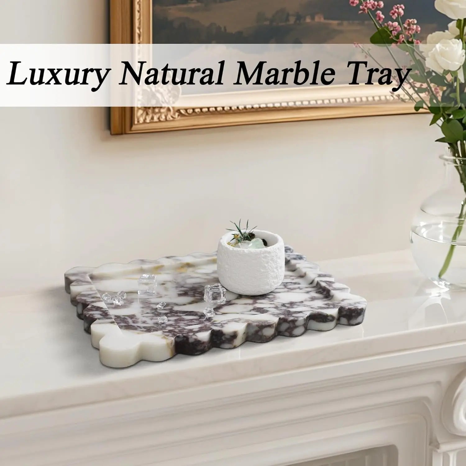 Calacatta Viola Scalloped Marble Tray, Natural Marble Stone Tray, Luxury Decorative Trays for Bathroom, Vanity, Home Decor.