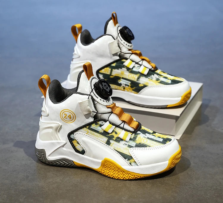 Children's Autumn New Rotary Buckle Mesh Breathable Basketball Shoes Boys Fashion Trend Sneaker Anti Slip Running Footwear 31-40