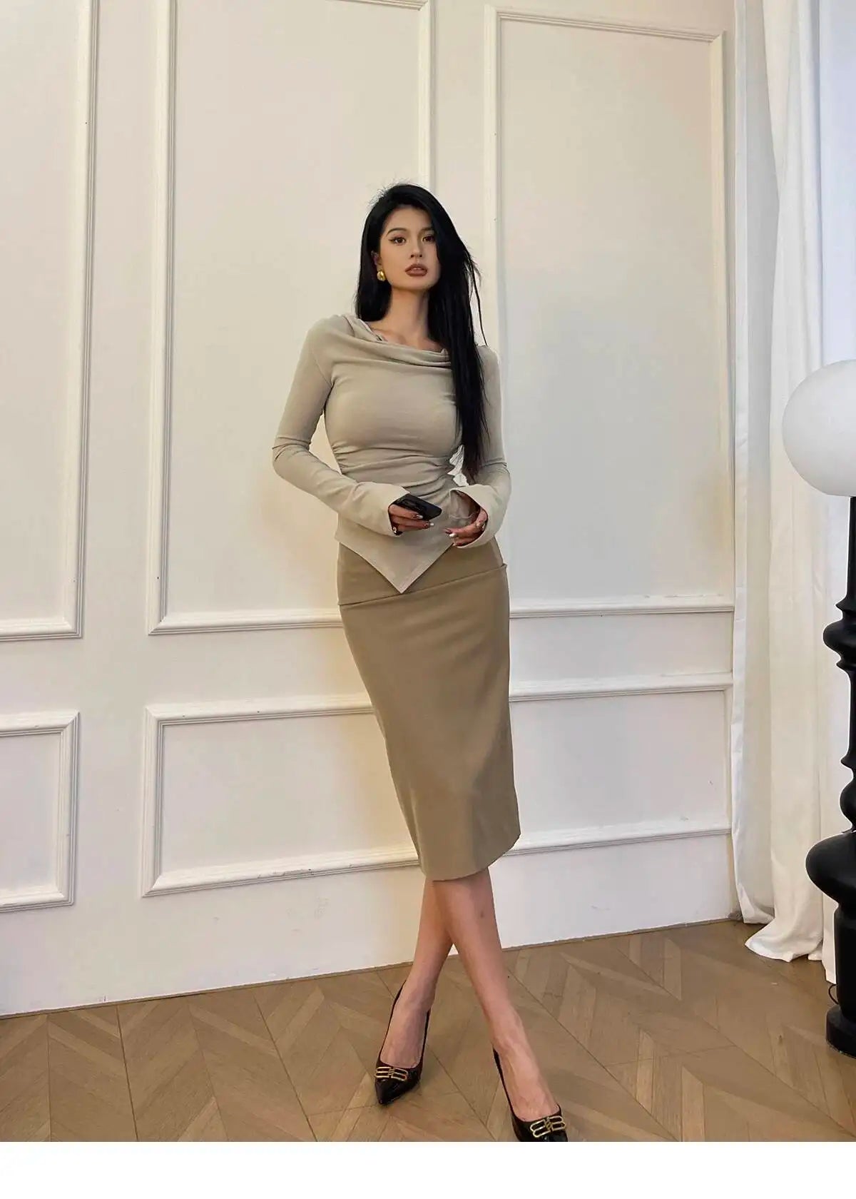 New Spicy Girl One Shoulder Trumpet Long Sleeve T-shirt Female Autumn Slim Sweet Fashion Korean Women Tees Sweet 2025 New 91NV