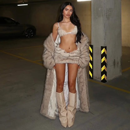 Faux Fur Bodycon Mini Skirts 2025 Fall Winter Women Fashion Sexy Low Waist Hipster Furry Night Clubwear Bottoms Streetwear Skirt