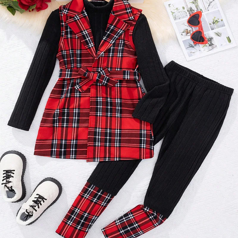 Three Piece Set For Winter Girls Cute And Warm Christmas Plaid Printed Jacket Long Sleeved Pants Princess Birthday Party Dress.