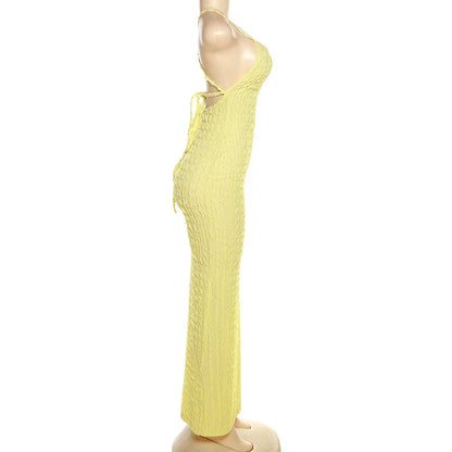 Sexy Streifen Rippen Stricken Schlank Bodycon Maxi Kleid Frauen Ärmellose Backless Lange Popcorn NDress Elegante Club Party Vestidos