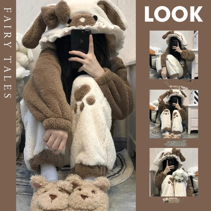Cute Little Bear Pajamas for Women Thick Warm Fleece Home Wear Set Autumn Nightgown Girls 2025 New Winter Nightclothes 2Pcs.