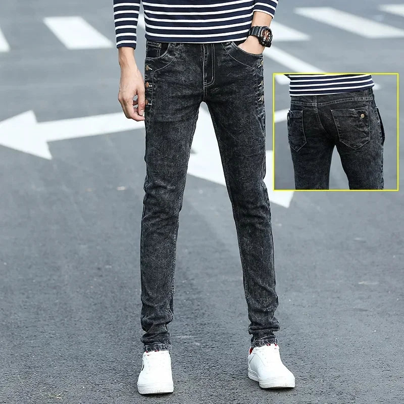 Slim Fit Men's Jeans Casual Elastic Korean Style Autumn Grey Trendy Long Pants Versatile Slim Legged Casual Trousers