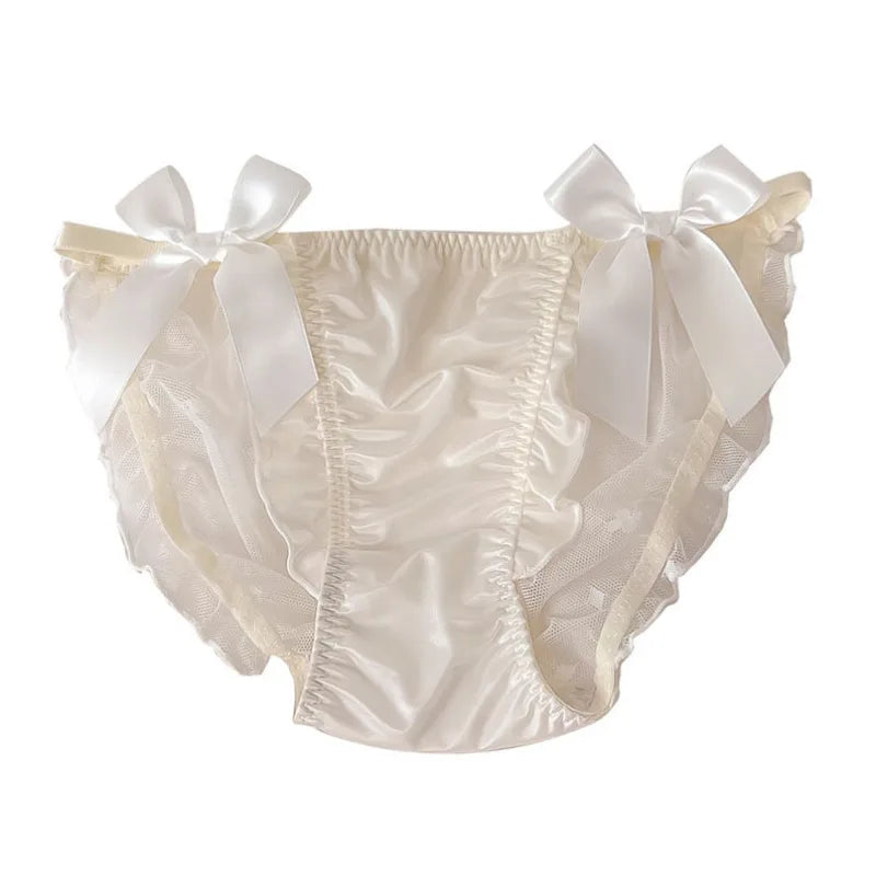 Women Sexy Satin Lace Mesh Transparent Bow Underwear Cute Lovely Sweety Princess Style Soft Panties Ruffles Breathable Breifs.