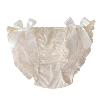 Women Sexy Satin Lace Mesh Transparent Bow Underwear Cute Lovely Sweety Princess Style Soft Panties Ruffles Breathable Breifs.