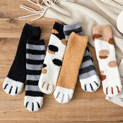 Women Socks Winter Warm Fluffy Socks Cute Animal Claw Cat Paw Footprint Fuzzy Socks Thicken Coral Fleece Home Floor Sleep Socks.
