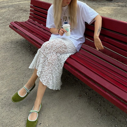 Maemukilabe Vintage Lace Midi Skirt Floral Sheer See-Through Irregular Hem A-line Skirt Fairy Streetwear Chic Women Long Skirt.