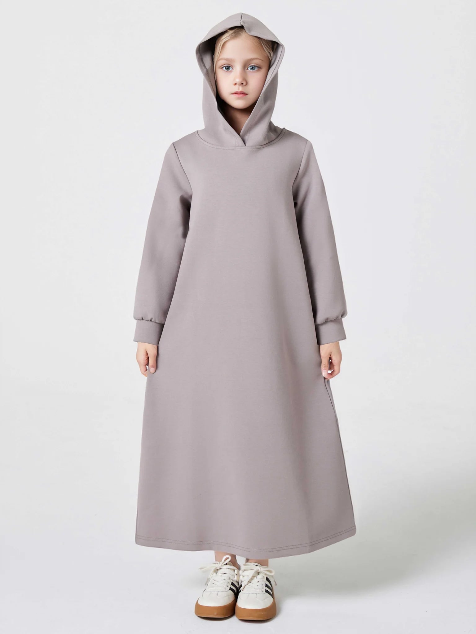 Ramadan kebaya Muslim Girls Abaya Middle East Autumn and winter solid color warm hoodie V-neck Hooded Loose Kids Kebaya Dress.