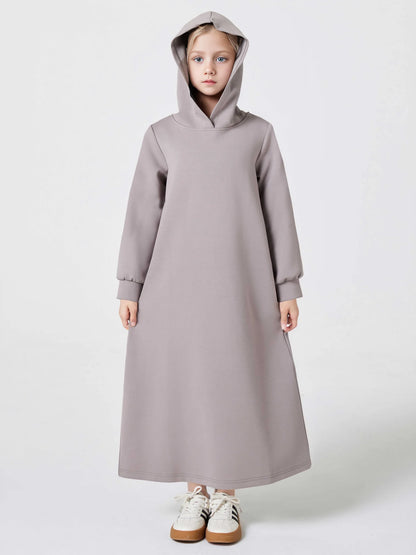 Ramadan kebaya Muslim Girls Abaya Middle East Autumn and winter solid color warm hoodie V-neck Hooded Loose Kids Kebaya Dress.