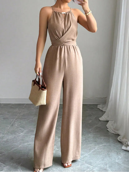 Women's Jumpsuits Summer Sleeveless Solid Fashion Bandage O- Neck Sexy Slim Folds Jumpsuits Casual Streetwear Simple Jumpsuits