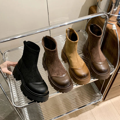 Vintage Platform Splicing Woman Ankle Boots Design Back Zippers Thick Sole Shoes  2025 Autumn Winter Short Botas Para Mujer.