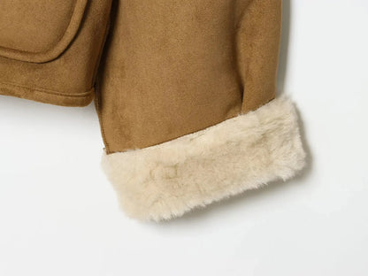 Frauen 2025, doppelseitig zu tragen, Lammsamtmantel, Damenmode, Stehkragen, einreihige Tasche, kurze Jacke, Damenoberbekleidung