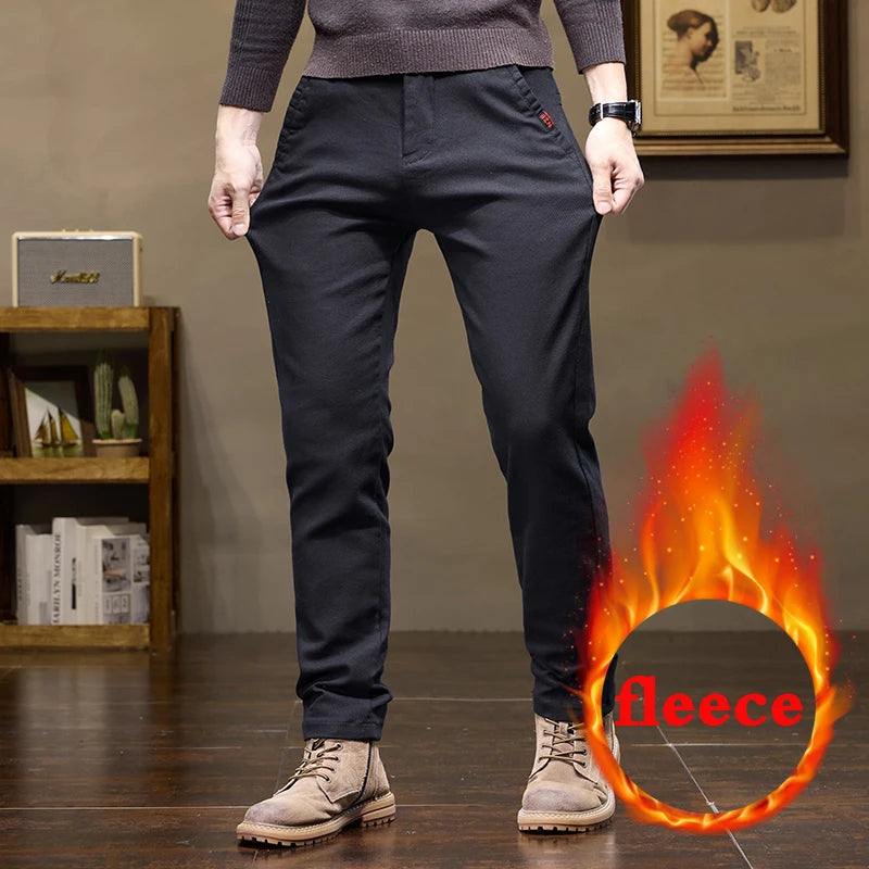 Warm Fleece Pants Winter Man Cowboy Man Thermal Fleece Lined Korean Fashion Slim Thicken Plush Wool Boot Cut Jeans Men