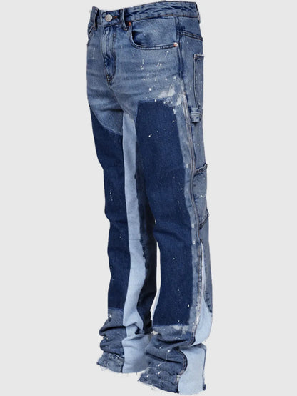 Y2k Jeans Men Painting Patch Baggy Stacked Jeans Fashion Work Wear Popular Stretch Patch Denim Stacked Flare Jeans Pants.