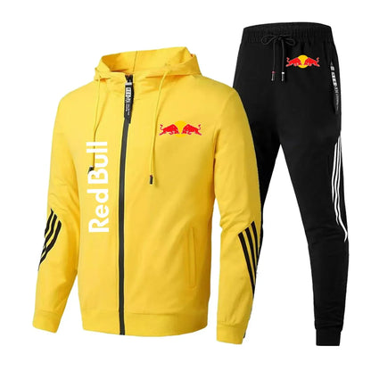 2025 Red Bull Brand Logo Printed Men's Zipper Hoodie With Casual Trousers Cycling Sports Two-piece Solid Color Simple Men's Suit.