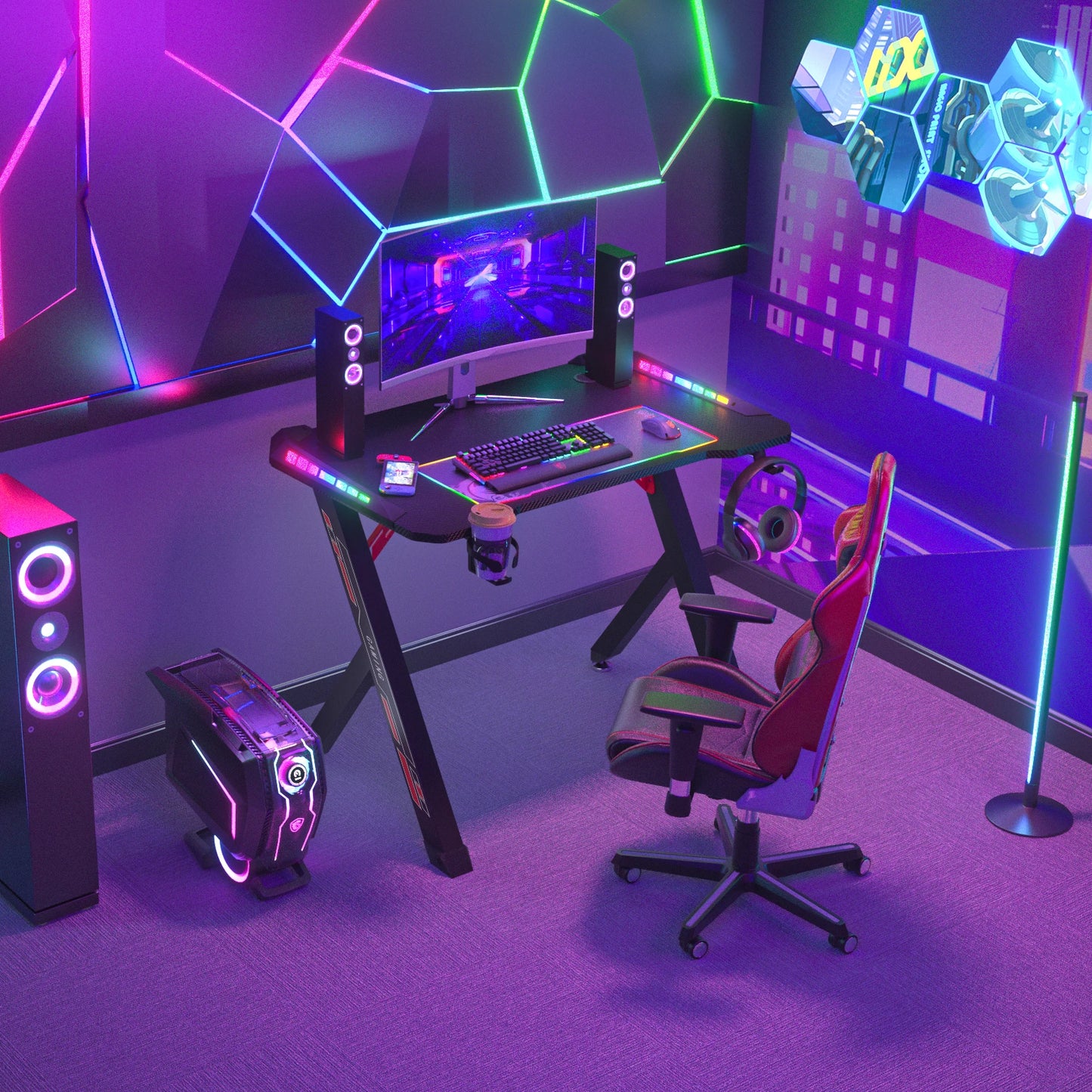 100 cm/120 cm RGB-Gaming-Schreibtisch, Computertisch mit LED-Leuchten und Getränkehalter