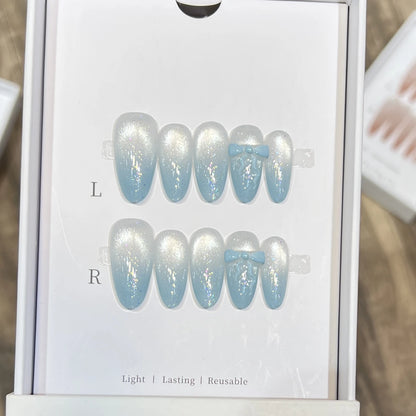 10pc Cat Eye Almond Handmade Press on Nails Light Blue Bow Fake Nails False Nails Artificial Nail Wearable Nail Tips Art Uñas