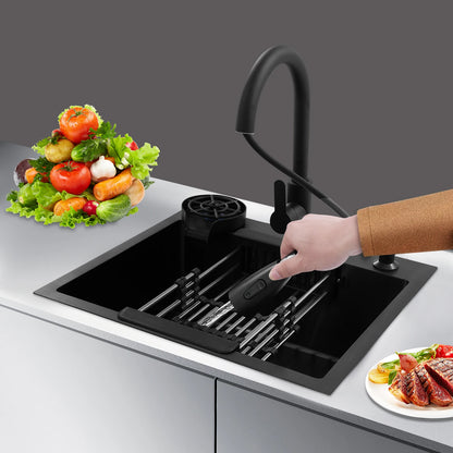 Multifunktionales Küchenspülbecken aus Edelstahl, rechteckiges schwarzes Küchenspülbecken mit ausziehbarem Wasserhahn und 300 ml Seifenspender