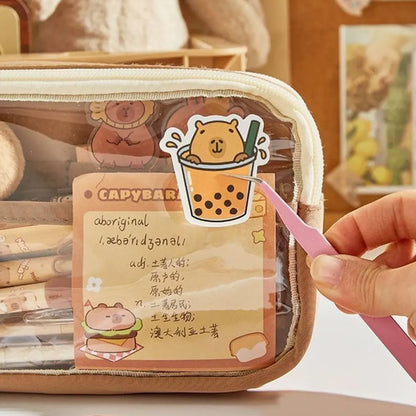 Capybara Kawaii Pencil Case with Compartments Stationary Bag Clear Pen Bag with Sticker Pendant for Office College School.