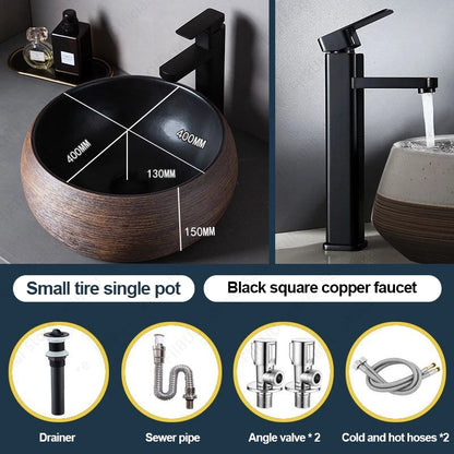 Braunes Porzellan-Keramik-Waschbecken über der Theke, Waschtisch, Schüsselbecken, Badezimmer, Sanitär, Balkon, Tisch, Waschbecken, Arbeitsplatte, ovales Waschbecken