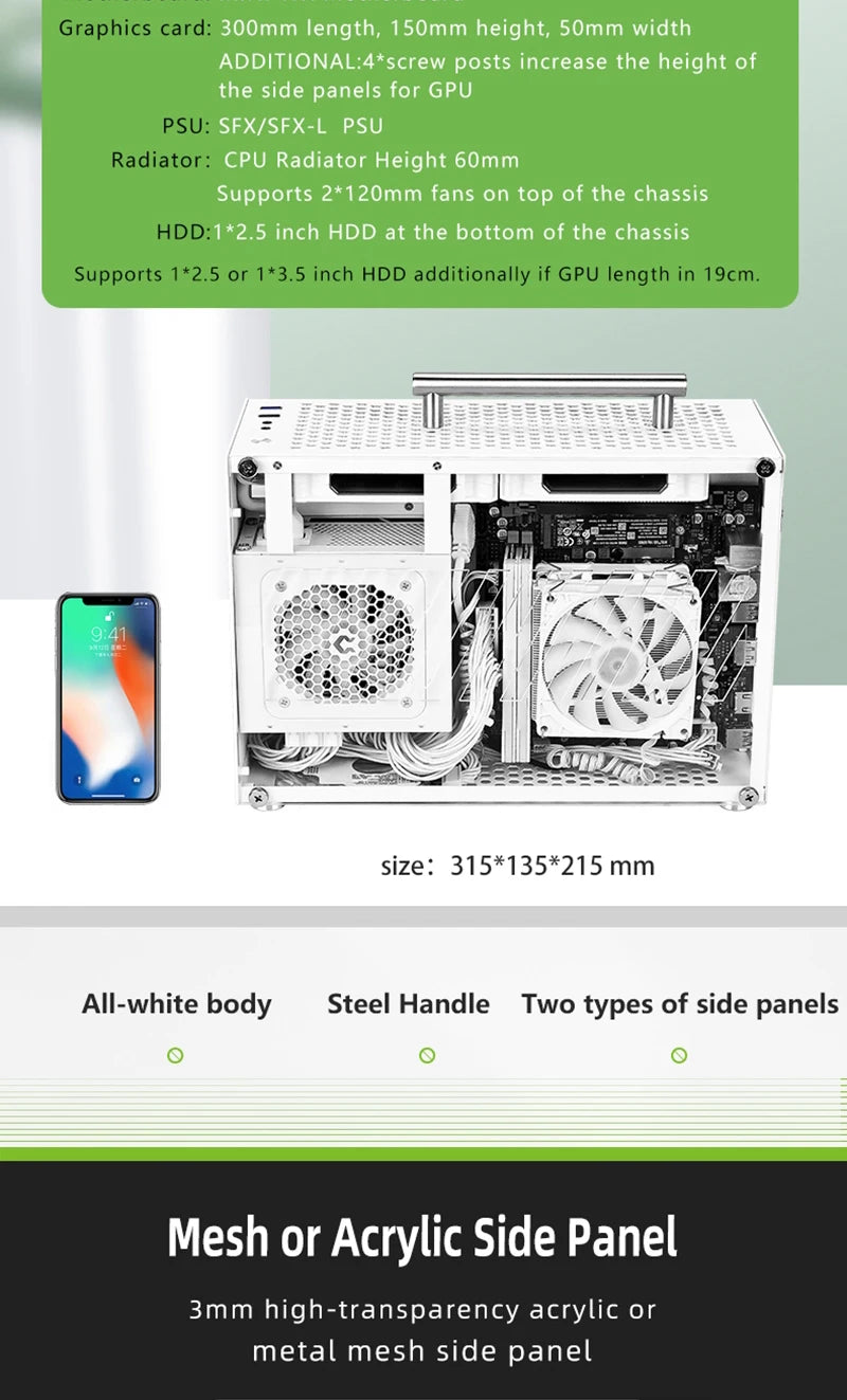 METALFISH T60 Mini ITX Black Case 9L Gaming Computer Chassis Compact transparent PC Support SFX PSU/300mm GPU.