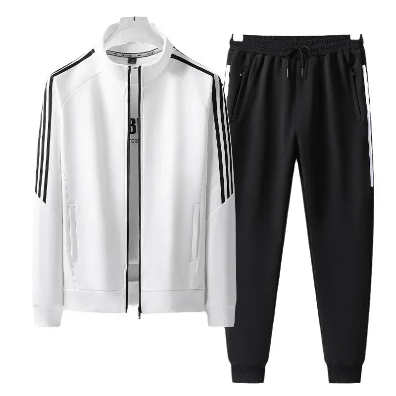 New Casual Men's Sport Suit Striped Ankle-Length Cotton Stand Collar Jacket With Three Buttonts Slim Fit Pants 2-Piece Set.