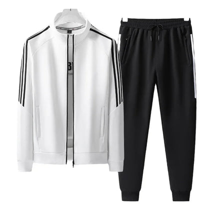 New Casual Men's Sport Suit Striped Ankle-Length Cotton Stand Collar Jacket With Three Buttonts Slim Fit Pants 2-Piece Set.