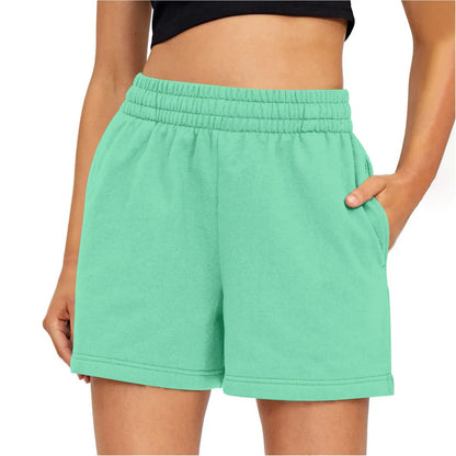Plain Color Sports Shorts Casual Summer Comfortable And Soft Elastic High Waist Running Shorts With Pockets For Women