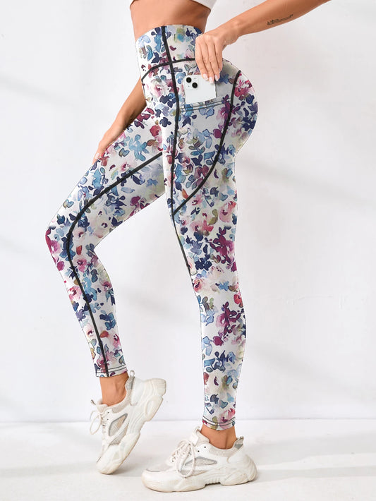 Bedruckte Damen-Fitnesshose mit hohem Bund und Tasche, gepaart mit engen Bauch-Yogahosen, geeignet zum Laufen, Wandern und Sp