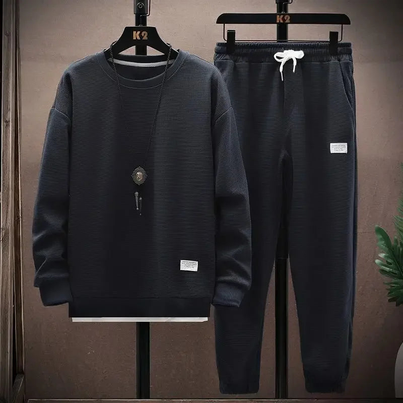 New Autumn Men's Fashion Sportswear Set Long Sleeve T-Shirt And Long Pants Casual Trendy Marbled Pattern Clothing Ensemble.