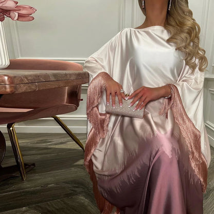 Uni Tassel Gradient Dubai Muslim Abaya For Woman O-Neck Elegant Casual Loose Moroccan Saudi Kebaya Fashion Party Dress 2025.