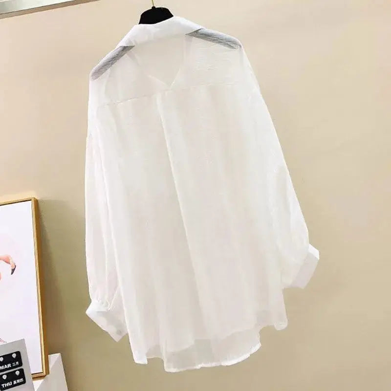 Summer Sunscreen Shirt Elegant Perspective Thin Chiffon Blouse Korean Harajuku See Through Loose Top Casual Women's Cardigan.