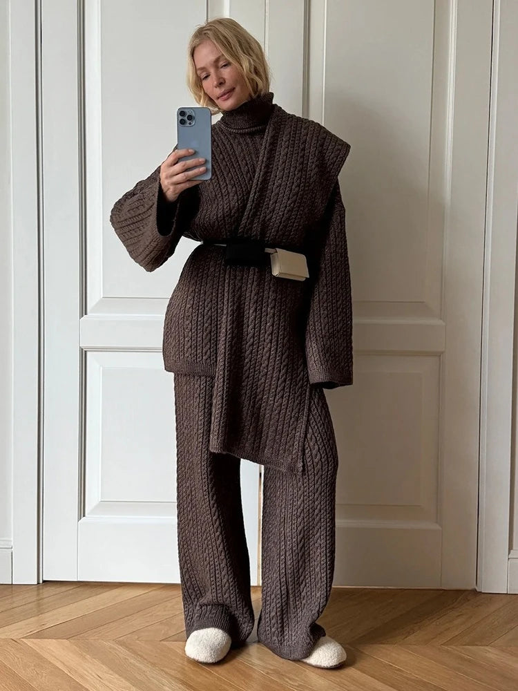 Bornladies Herbst Winter Mode frauen Neue Zopfmuster Pullover Breite Bein Hosen Set Weiche Wolle Mischung Lose Fit High Neck Pullover