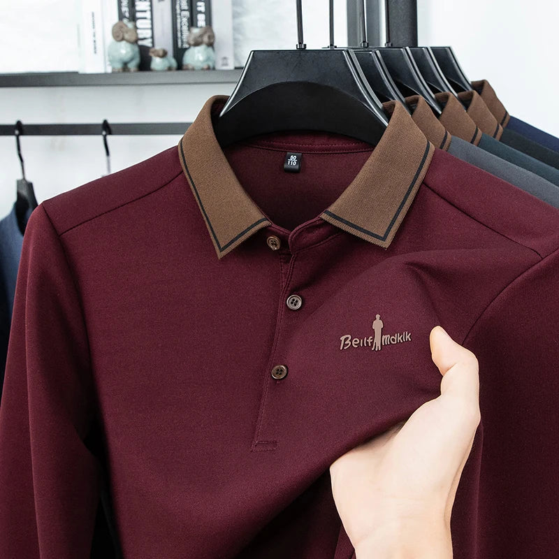 Men's Polo Shirt Long Sleeve Luxury Brand Autumn Winter Lapel Collar Button Business Casual Classic Office Warm T-shirt Menswear.
