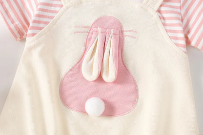 2024 Sommer Baby Mädchen Kleidung niedlichen Hasen falsch zweiteiligen Bodysuit Kleinkind Streifen Patchwork einteilige Kleidung