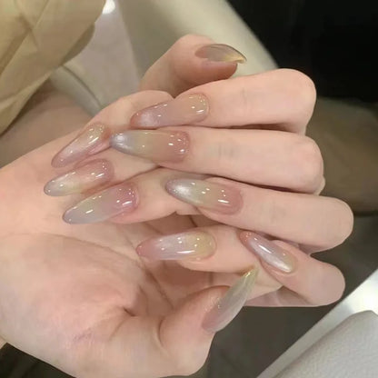 24pcs Glossy Red Cat's Eye Press On Nails Full Cover Nude Color Wearable Almond False Nails Charms Detachable Fake Nail For Girl