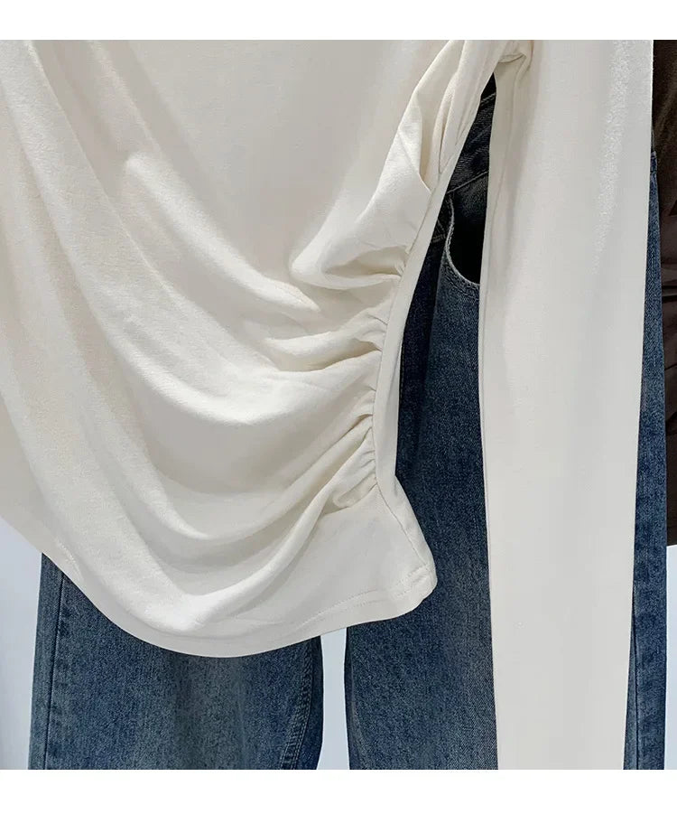 Early Autumn Pure Color High Neck Pleated Slim Fit Sexy Base Shirt Women's Fashionable Crew Neck T-shirt Full Sleeve China Origi.