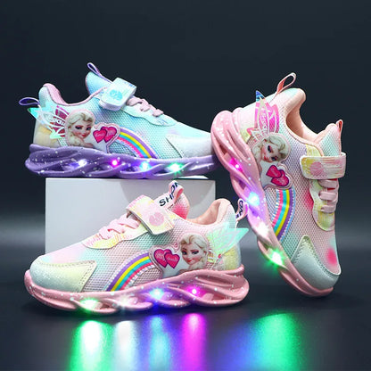 Disney Casual Sneakers LED Lighted For Spring Girls Frozen Elsa Princess Rainbow Outdoor Children Non-slip Pink Purple Shoes.