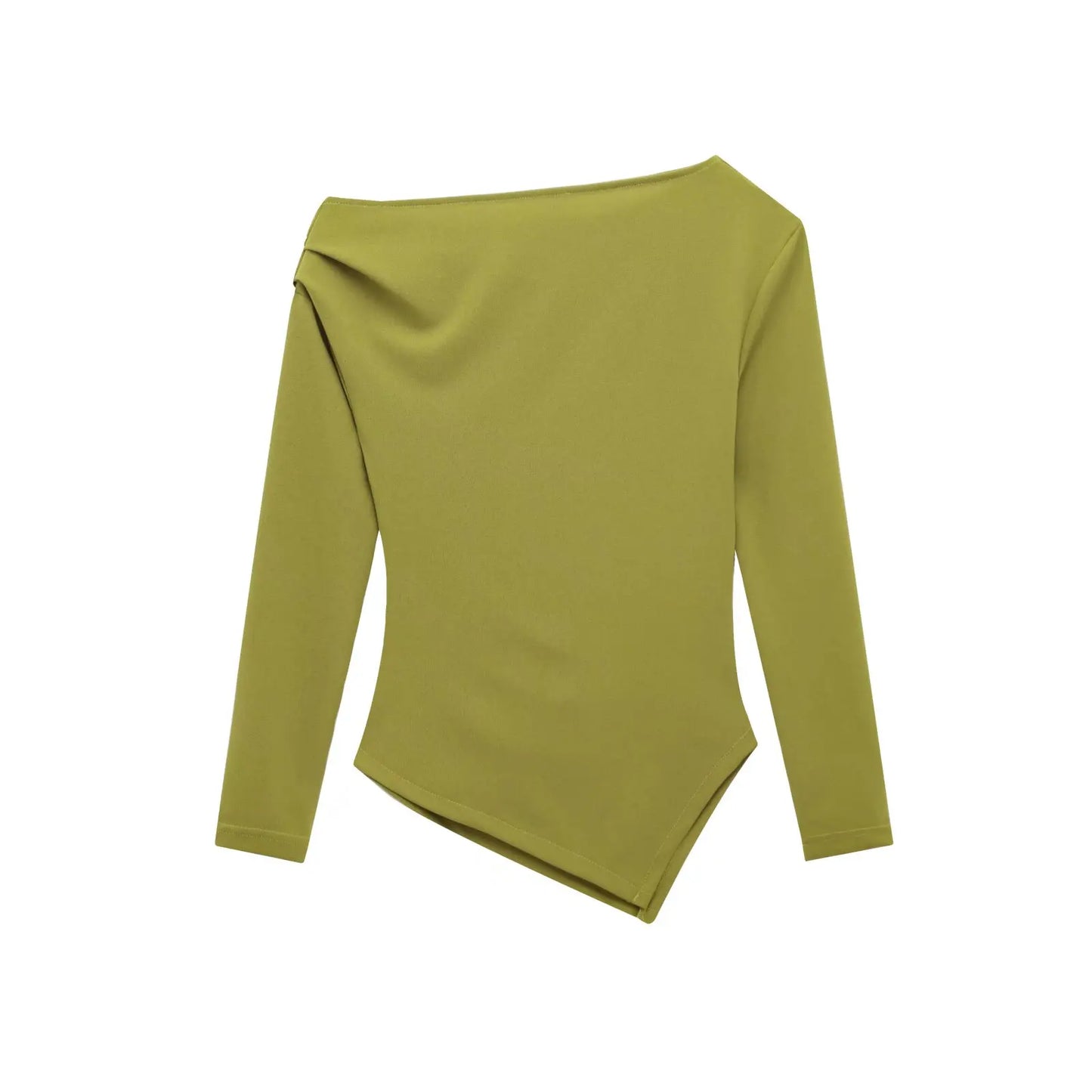 HH Spring Woman Fashion Pleated Decoration Casual Slim Elasticity Top Women Solid 5-Color Asymmetrical Slant Collar Tops.