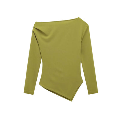 HH Spring Woman Fashion Pleated Decoration Casual Slim Elasticity Top Women Solid 5-Color Asymmetrical Slant Collar Tops.