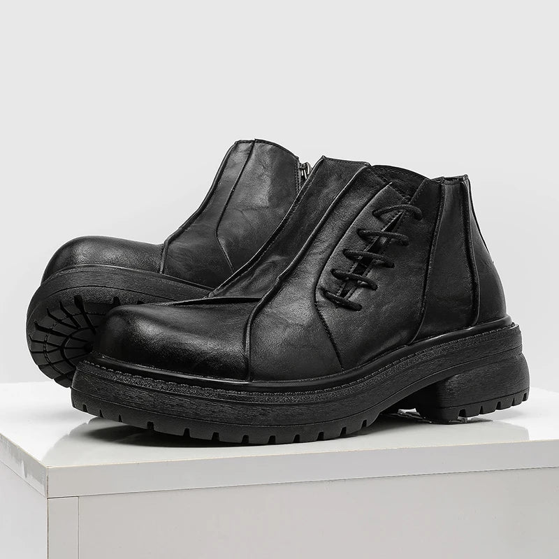 Autumn Winter Mens Ankle Boots Genuine Leather  Platform Chelsea Boots Street Style Male Motorcycle Boots High Top Walking Shoes