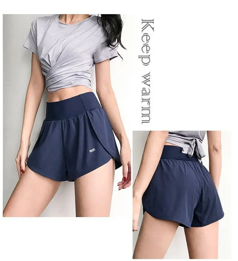 Women Yoga Pocket Shorts Fake Two Piece Anti Peek Shorts High Elastic Loose Fashion Casual Gym Trainning Three Point Pants.
